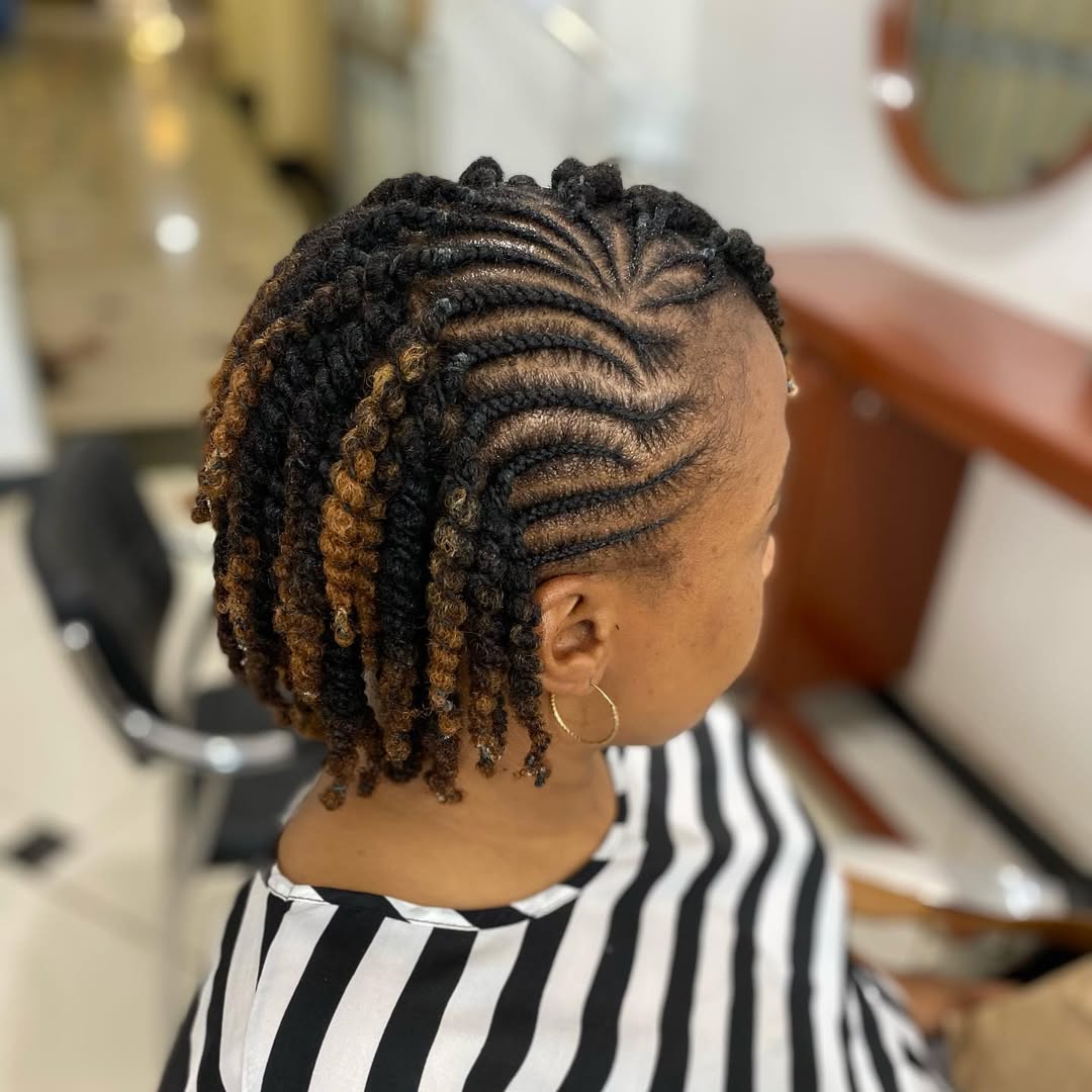Short Two-Strand Twist Bob With Cornrow Design