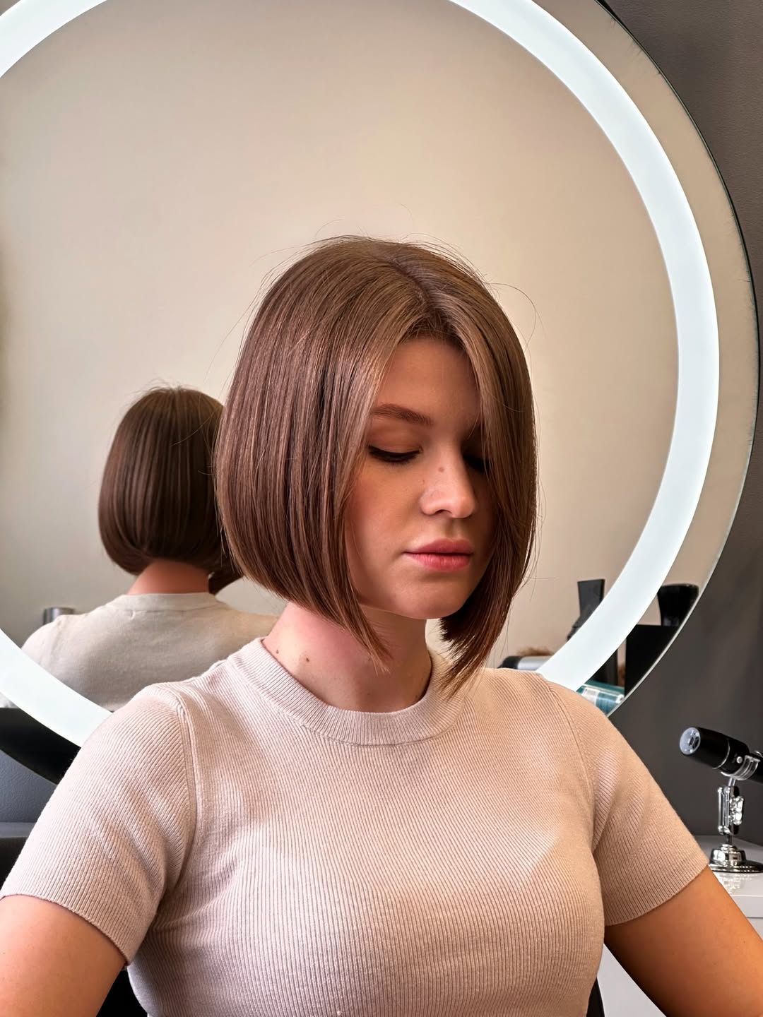 Sleek Angled Chin-Length Bob Warm Brown