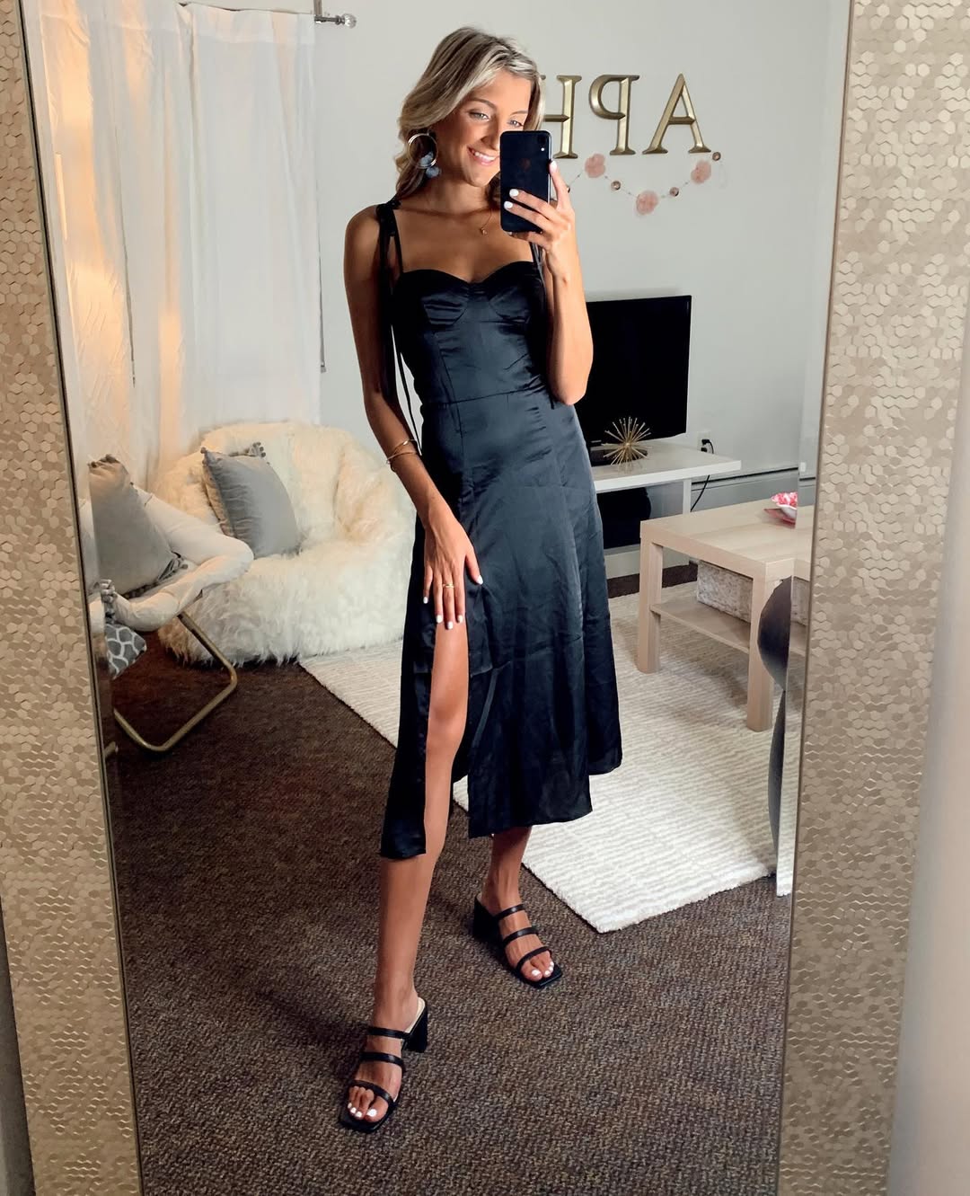 Sleek Black Midi Slip Dress With Strappy Heels