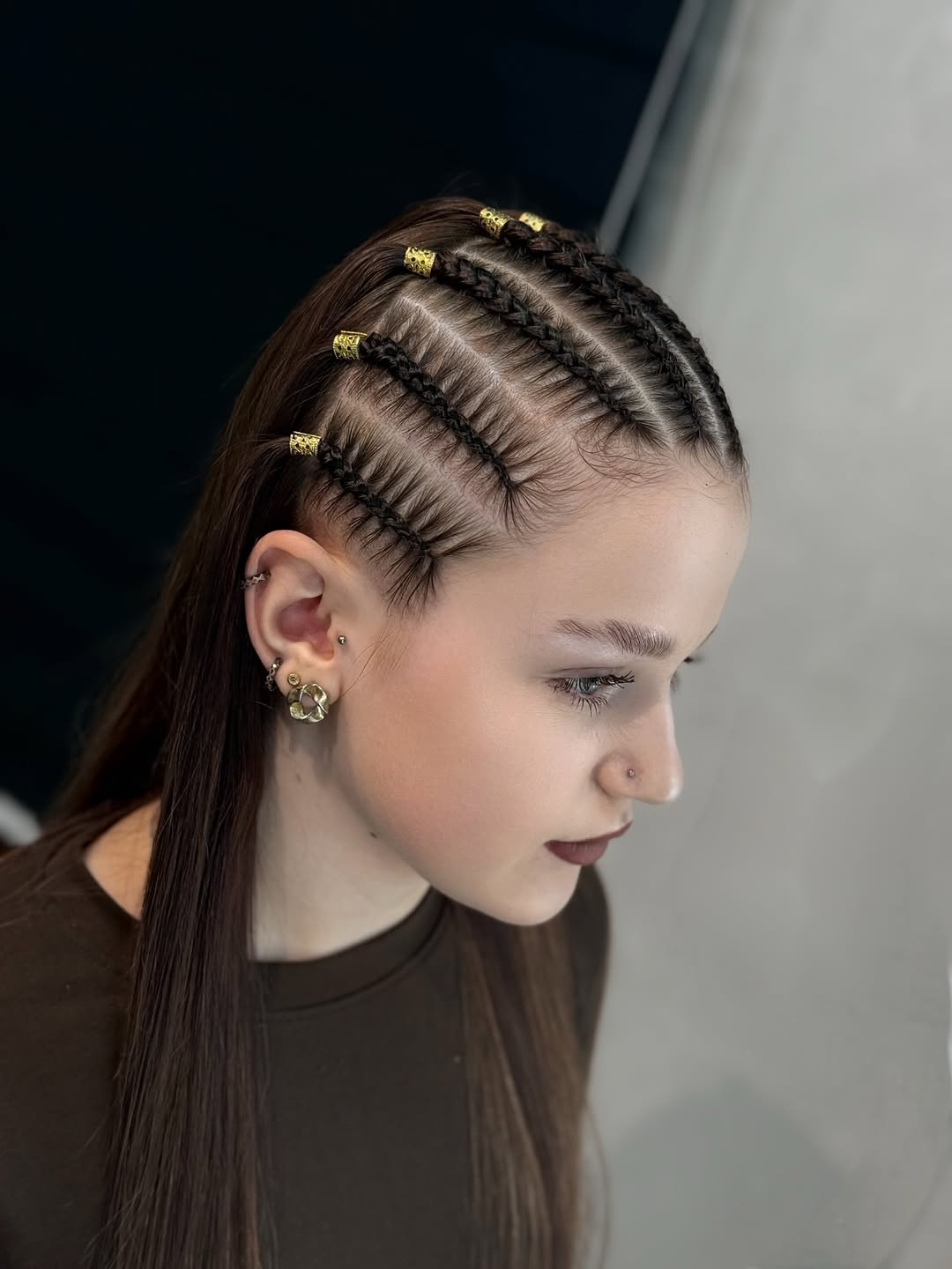 Sleek Cornrows With Gold Rings Long Hair