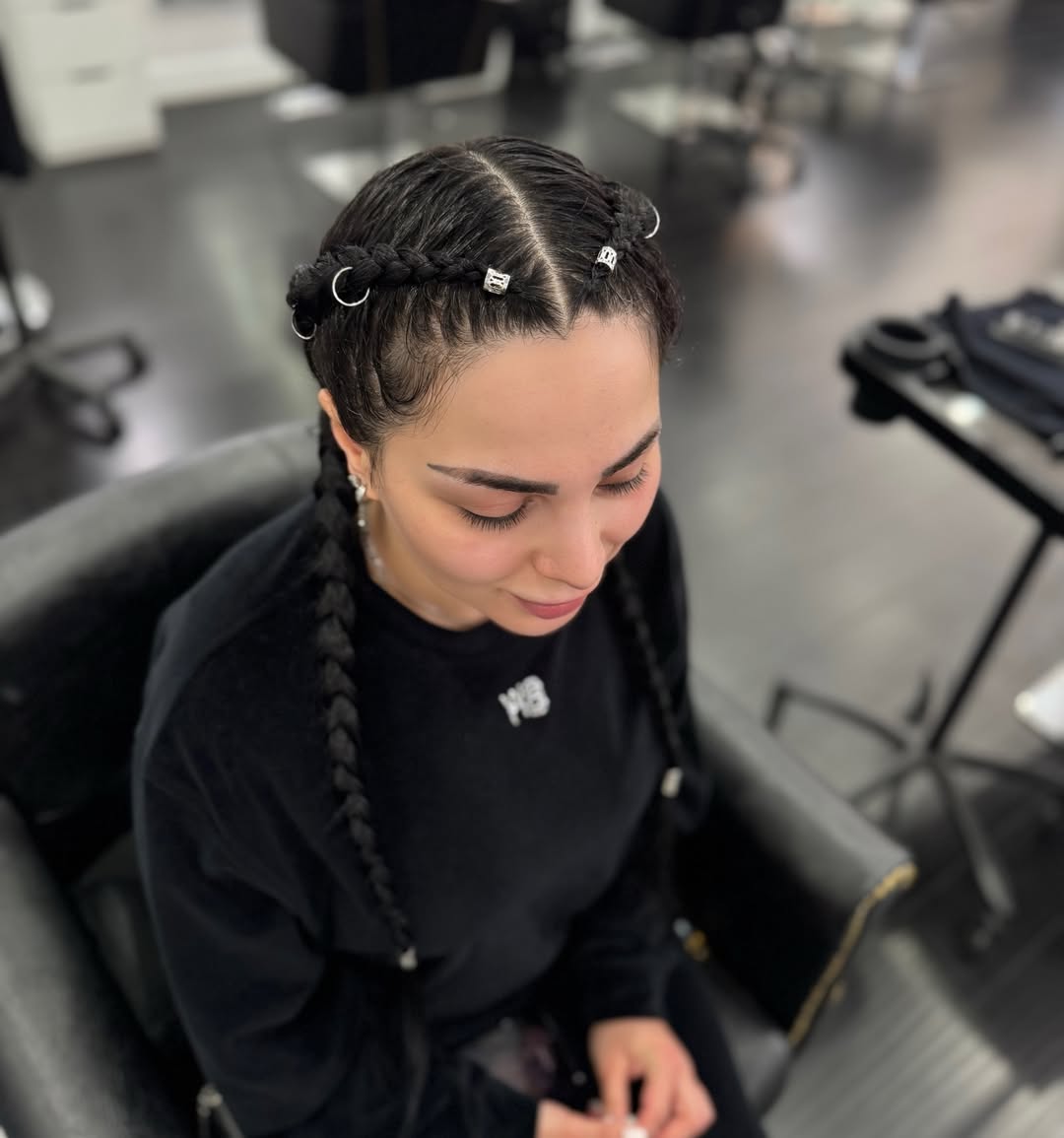 Sleek Double Braids with Hair Jewelry