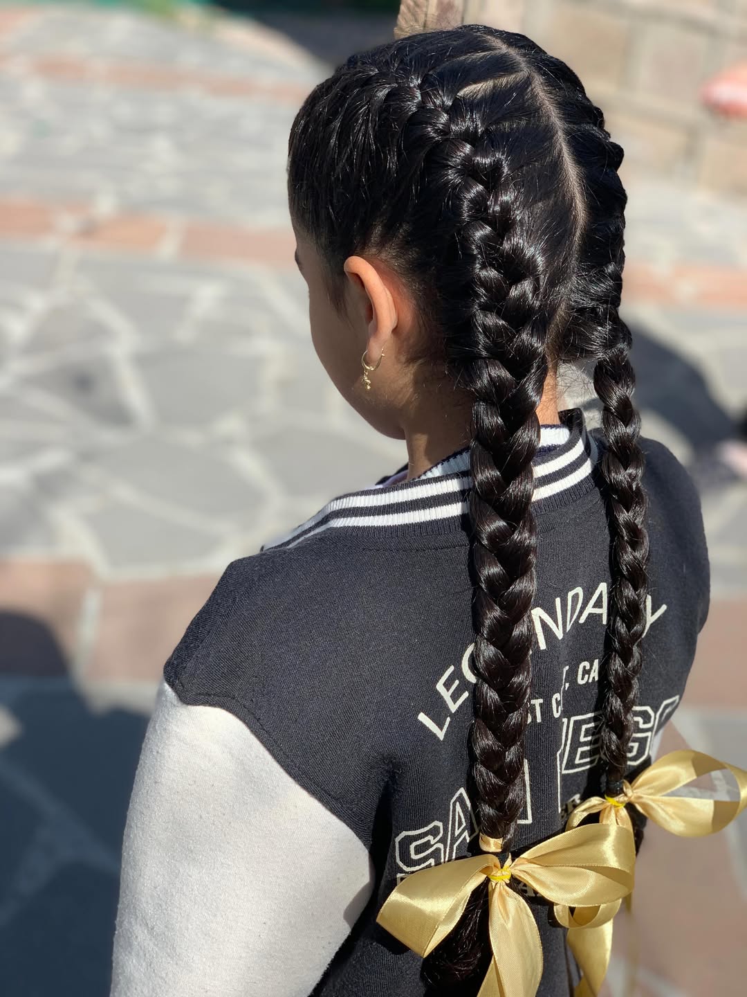 Sleek Double Dutch Braids With Gold Ribbons