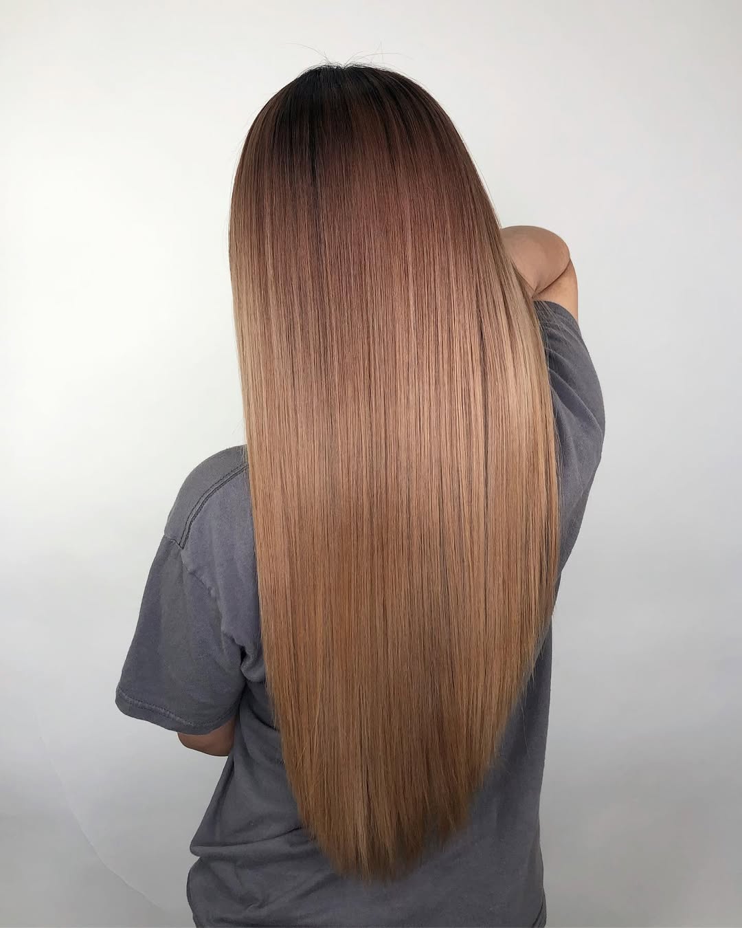 Sleek Honey Brown Ombre Mid-Back Length