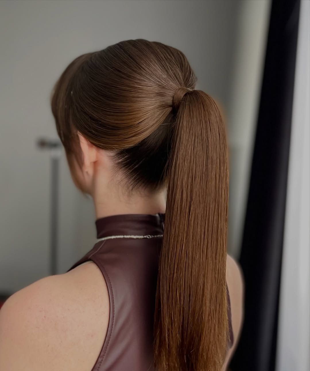 Sleek Wrapped High Ponytail Smooth Brown Hair