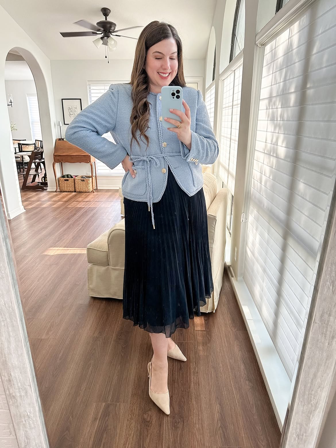 Soft Blue Tweed Jacket With Black Midi Skirt