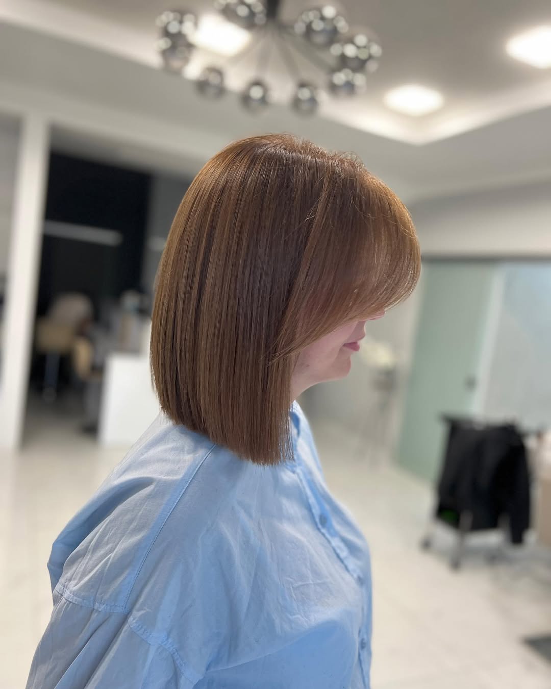 Soft Copper Balayage Blunt Bob With Face Framing