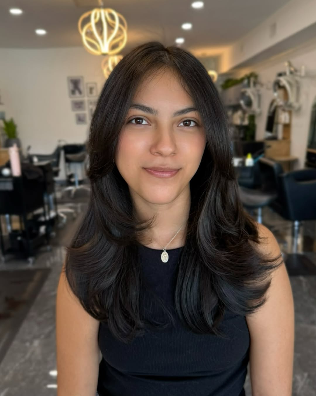 Soft Face Framing Layers on Dark Brunette