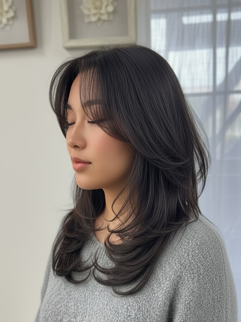 Soft Layers And Curtain Bangs Blowout