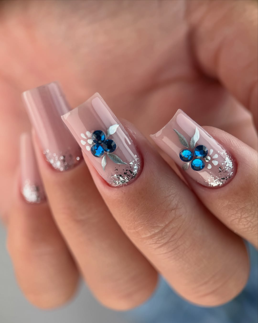Soft Peach Jelly Nails with Blue Floral Rhinestone Art