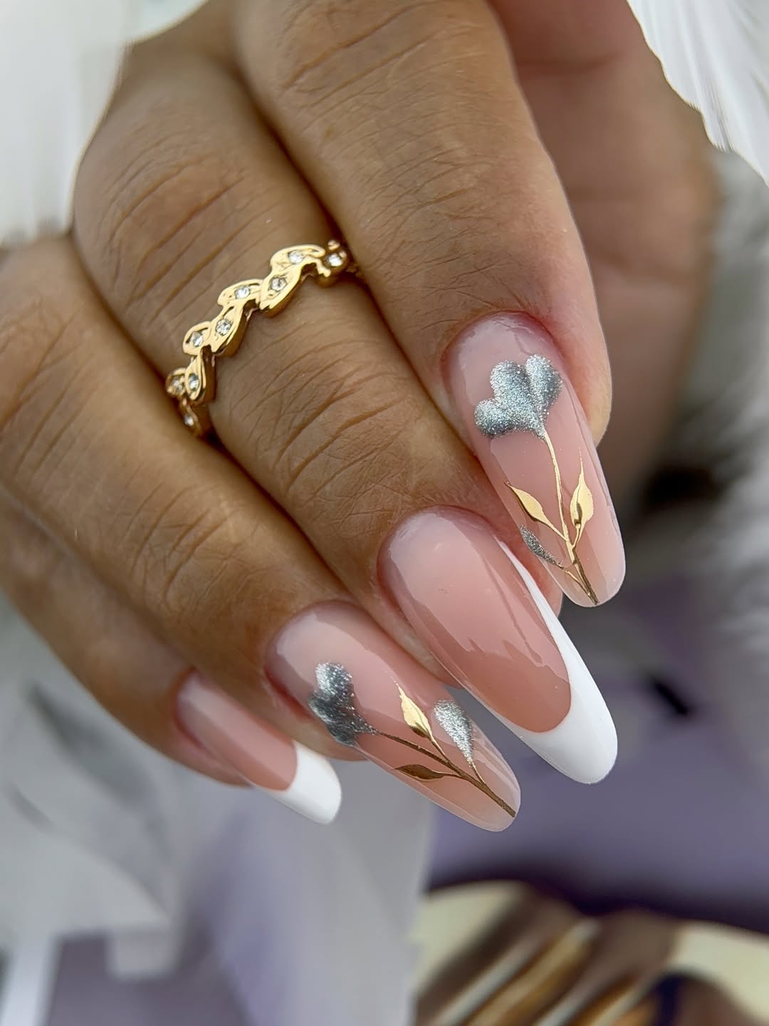 Soft Pink French Tips with Silver Floral Art