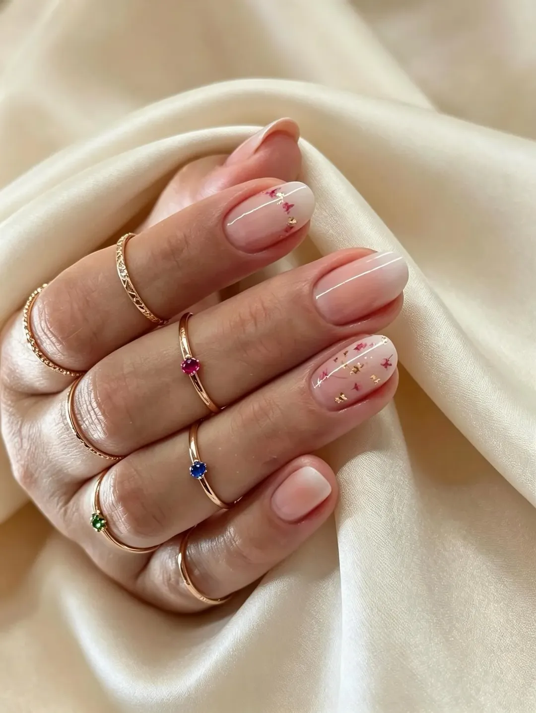 Soft Pink Ombre Nails with Gold Flakes