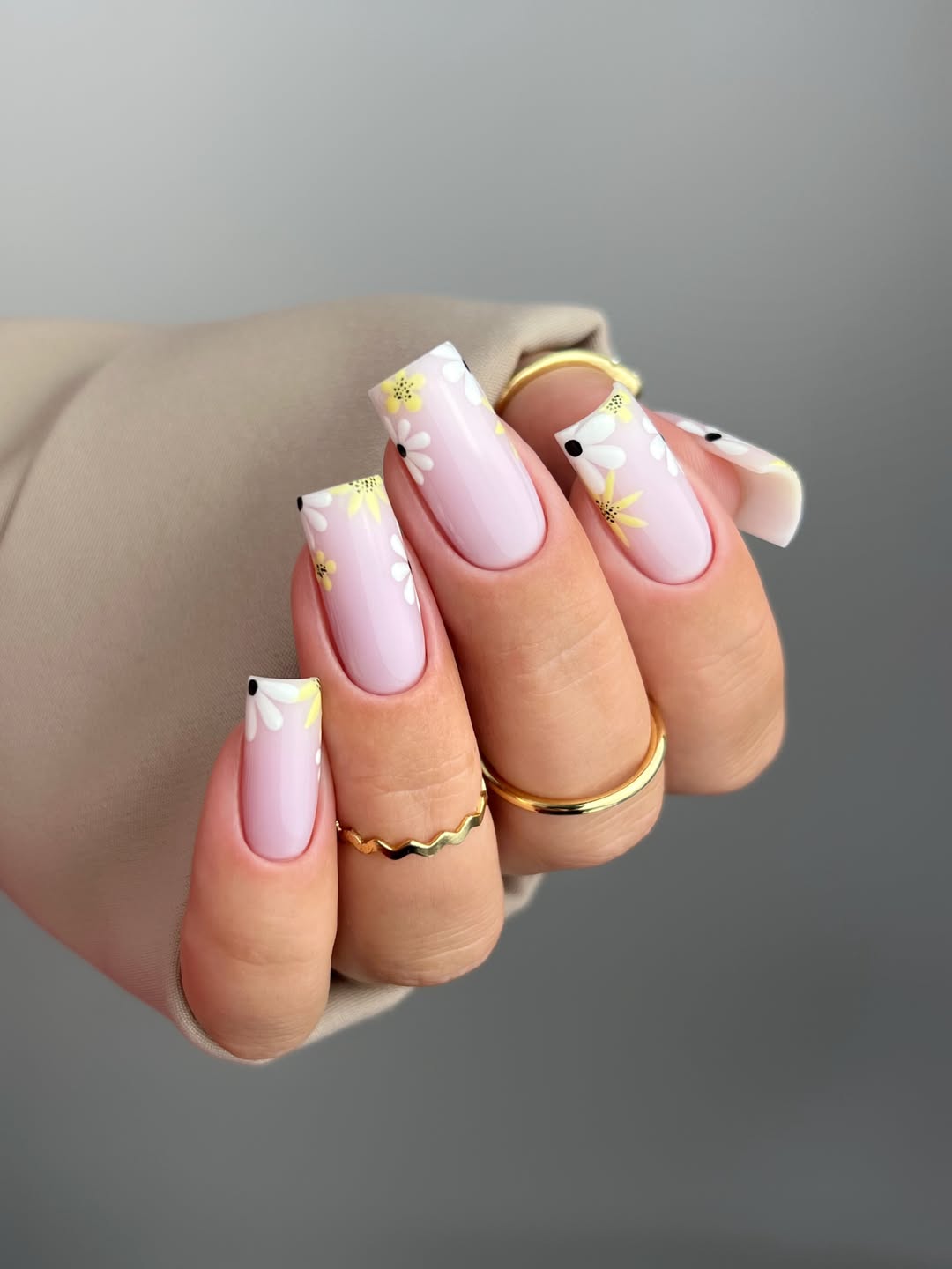 Soft Pink Square Nails With Floral Design