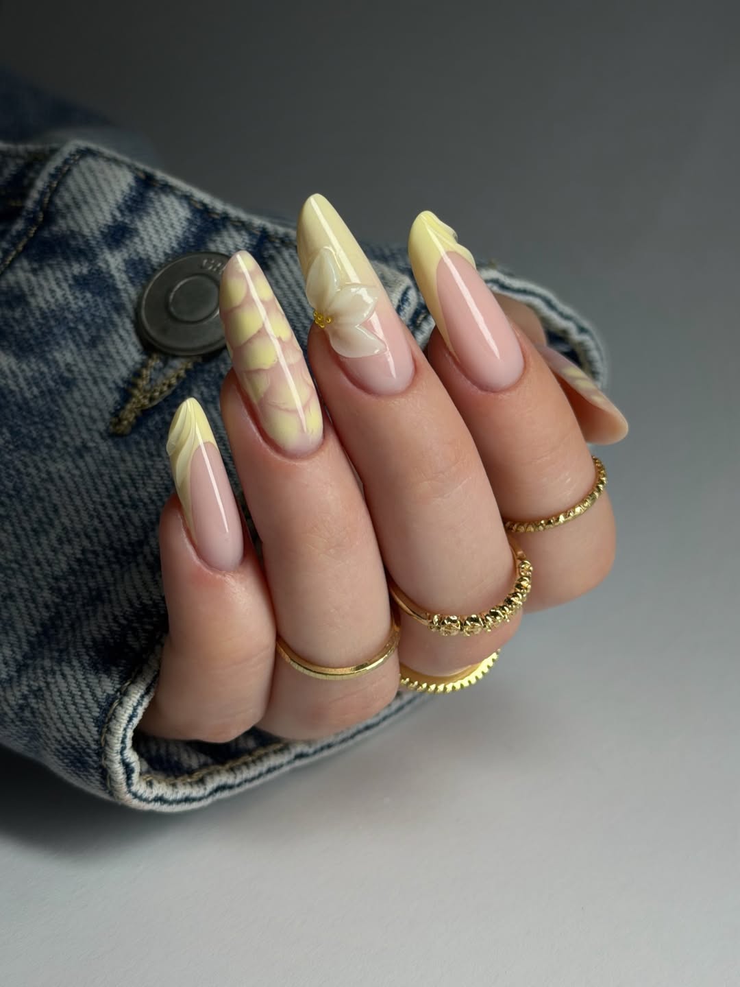 Soft Yellow French Tips with 3D Floral Accents