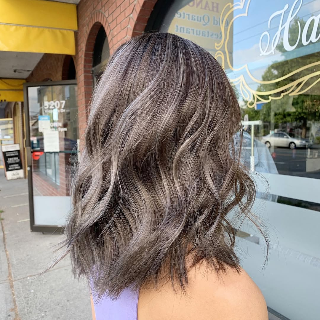 Sophisticated Ash Brown Balayage Wavy Bob