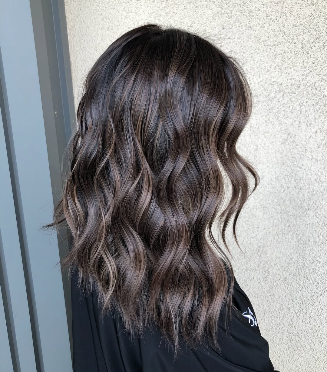 Sophisticated Ash Brown Balayage Wavy Lob