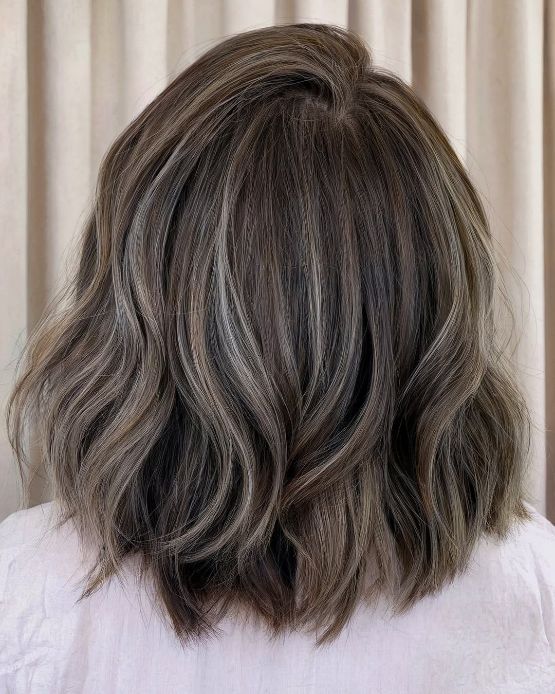 Sophisticated Ash Brown Lob With Wavy Balayage