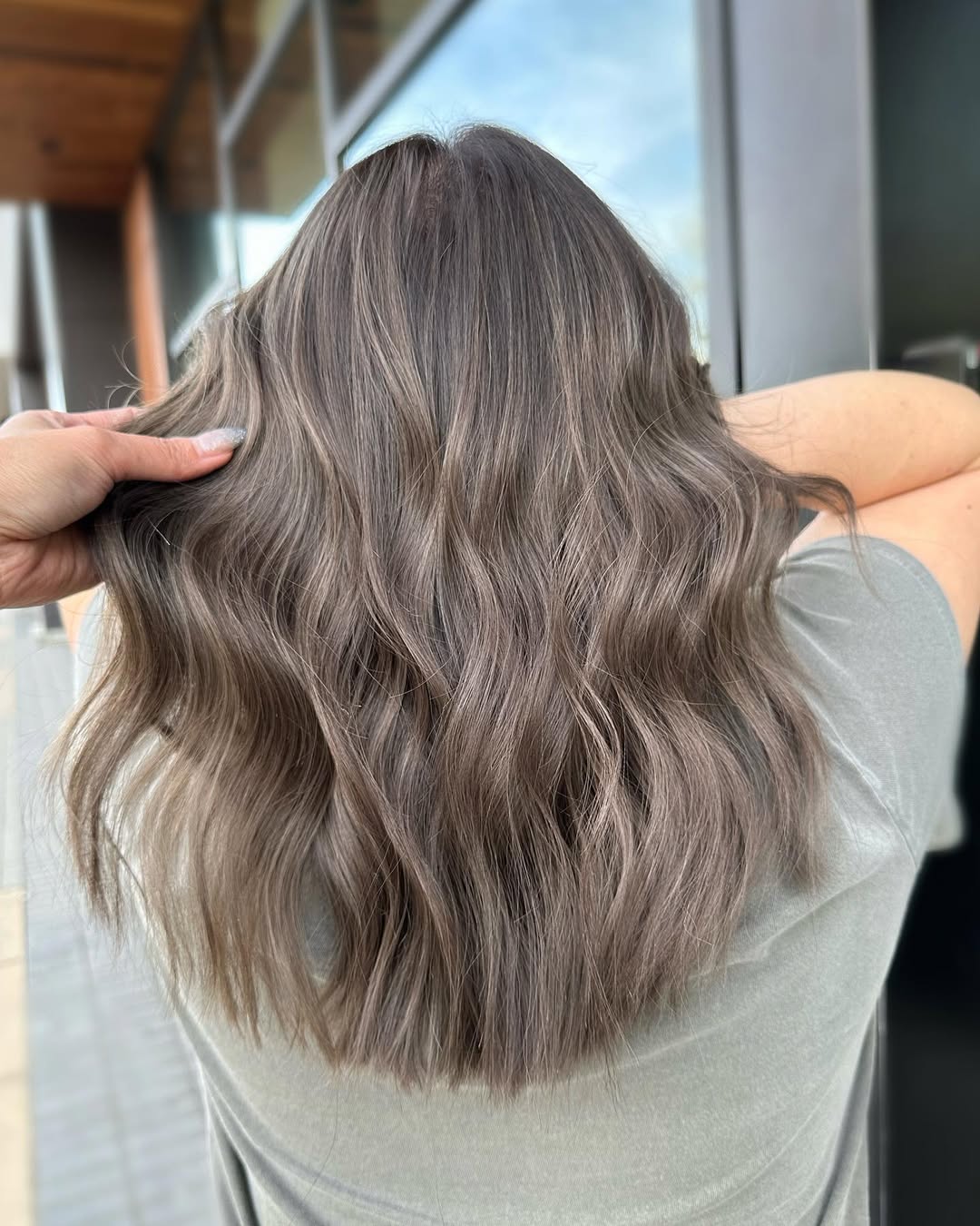 Sophisticated Ash Brown Waves With Shadow Root