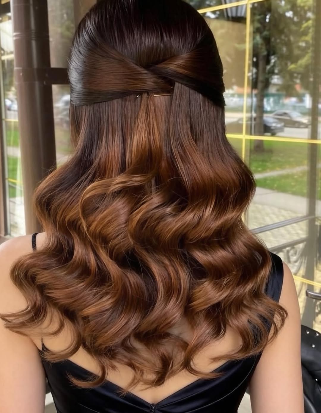 Sophisticated Half-Up Wavy Copper Brunette