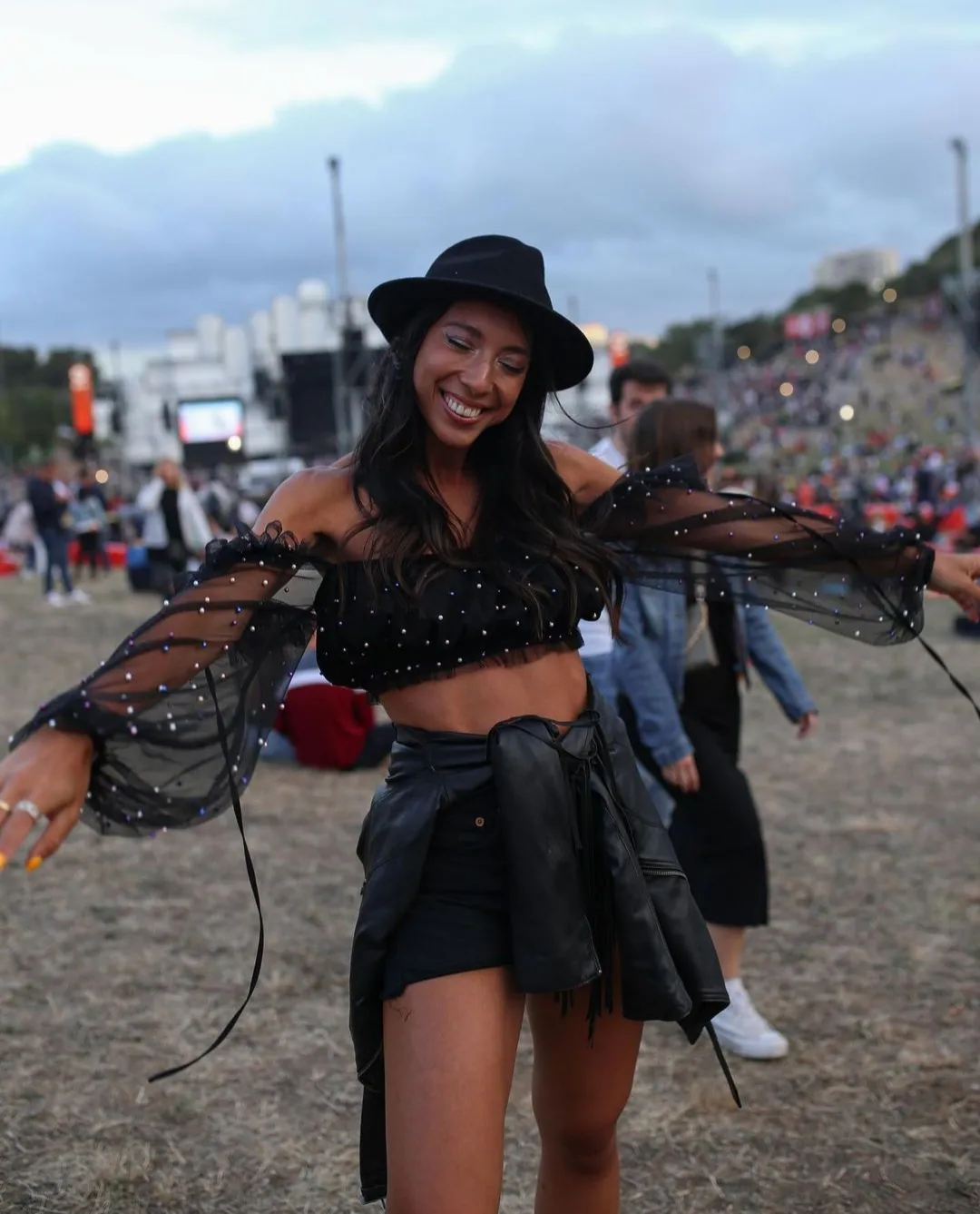Sparkly Black Crop Top And Mini Shorts Festival Look