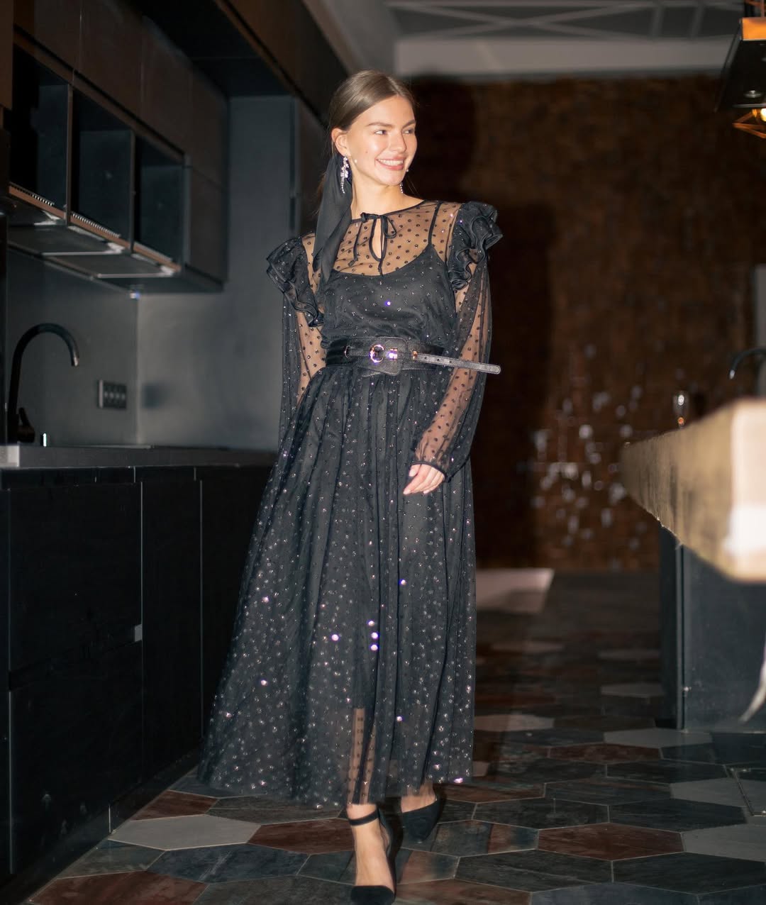 Sparkly Black Midi Dress With Statement Belt