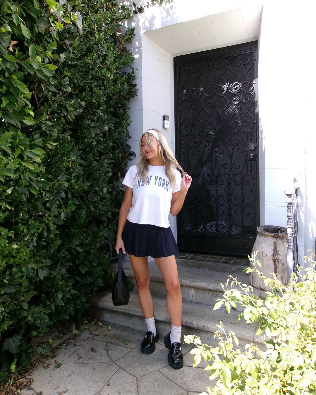 Sporty White Tee And Pleated Mini Skirt Combo
