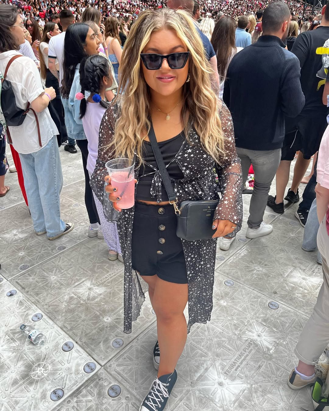 Star Print Maxi Kimono Over Black Cami and Shorts