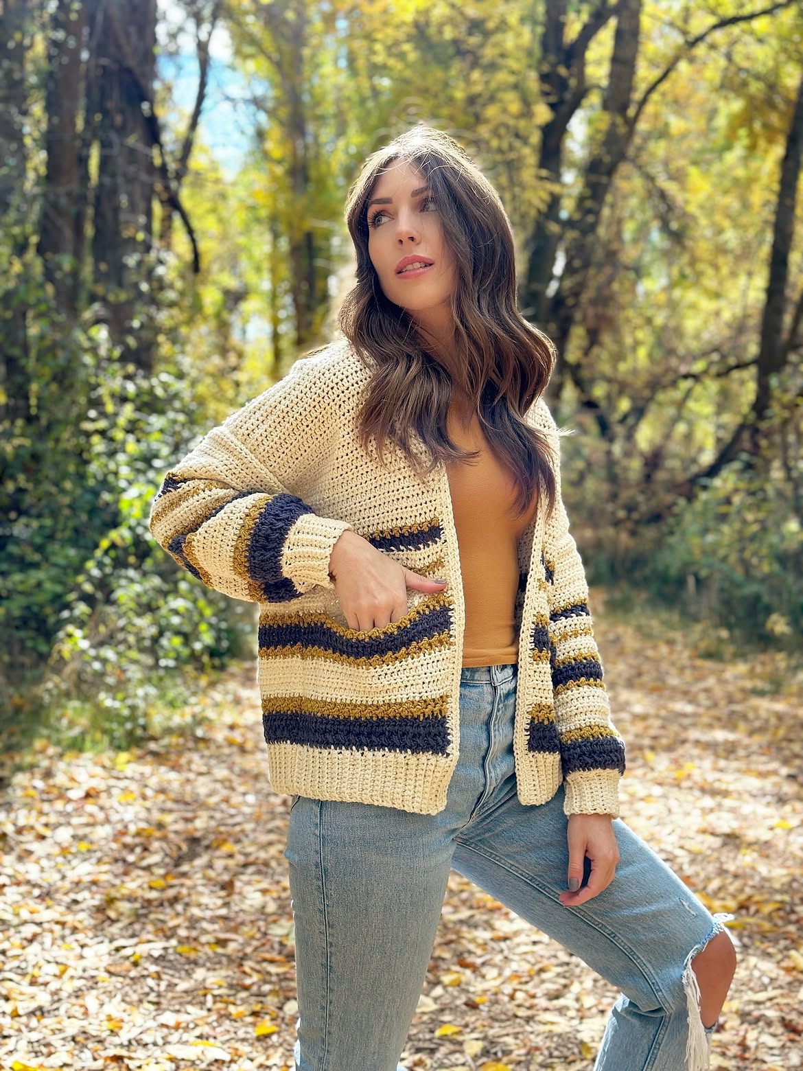 Striped Crochet Cardigan With Light Wash Jeans
