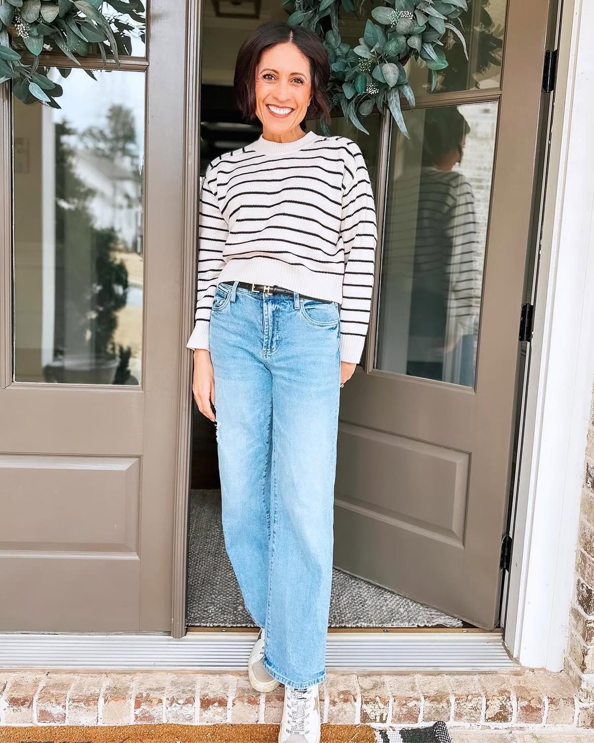 Striped Cropped Sweater With Wide Leg Jeans