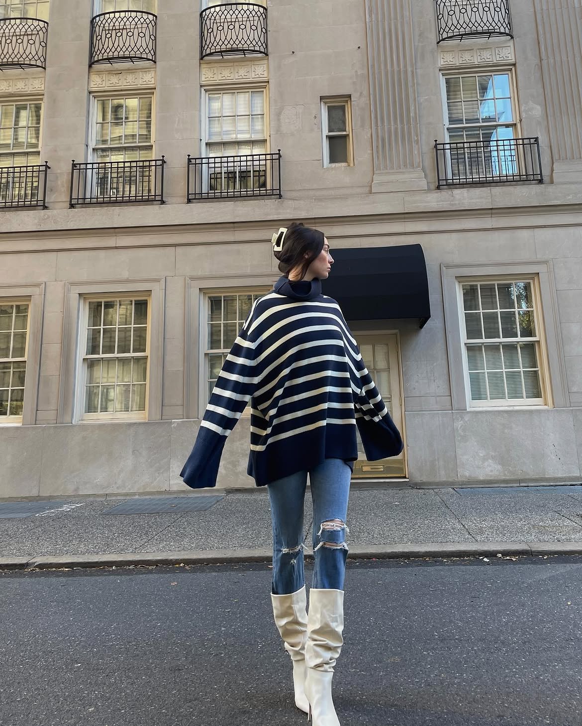 Striped Oversized Sweater With Distressed Jeans and Boots
