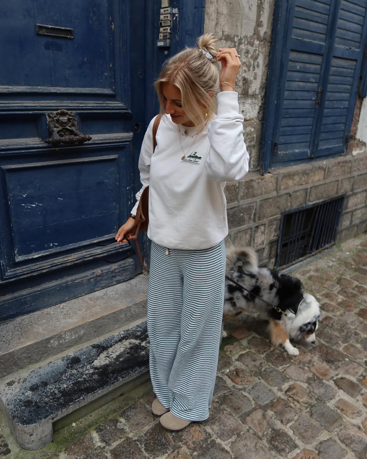 Striped Palazzo Pants And Cream Sweatshirt Look