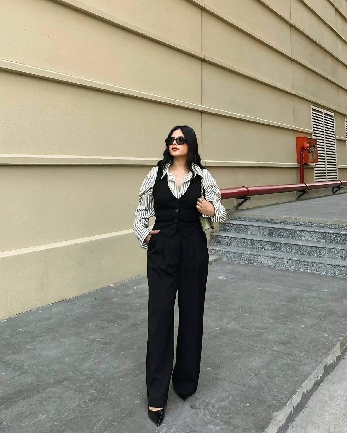 Striped Shirt And Black Vest Office Ensemble