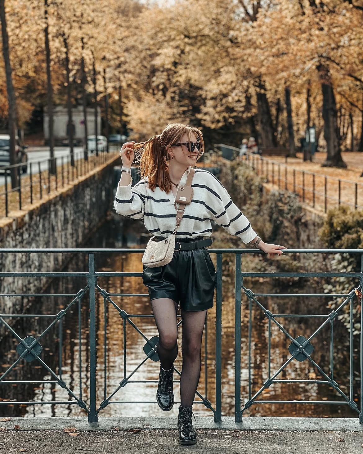 Striped Sweater, Leather Shorts, and Combat Boots