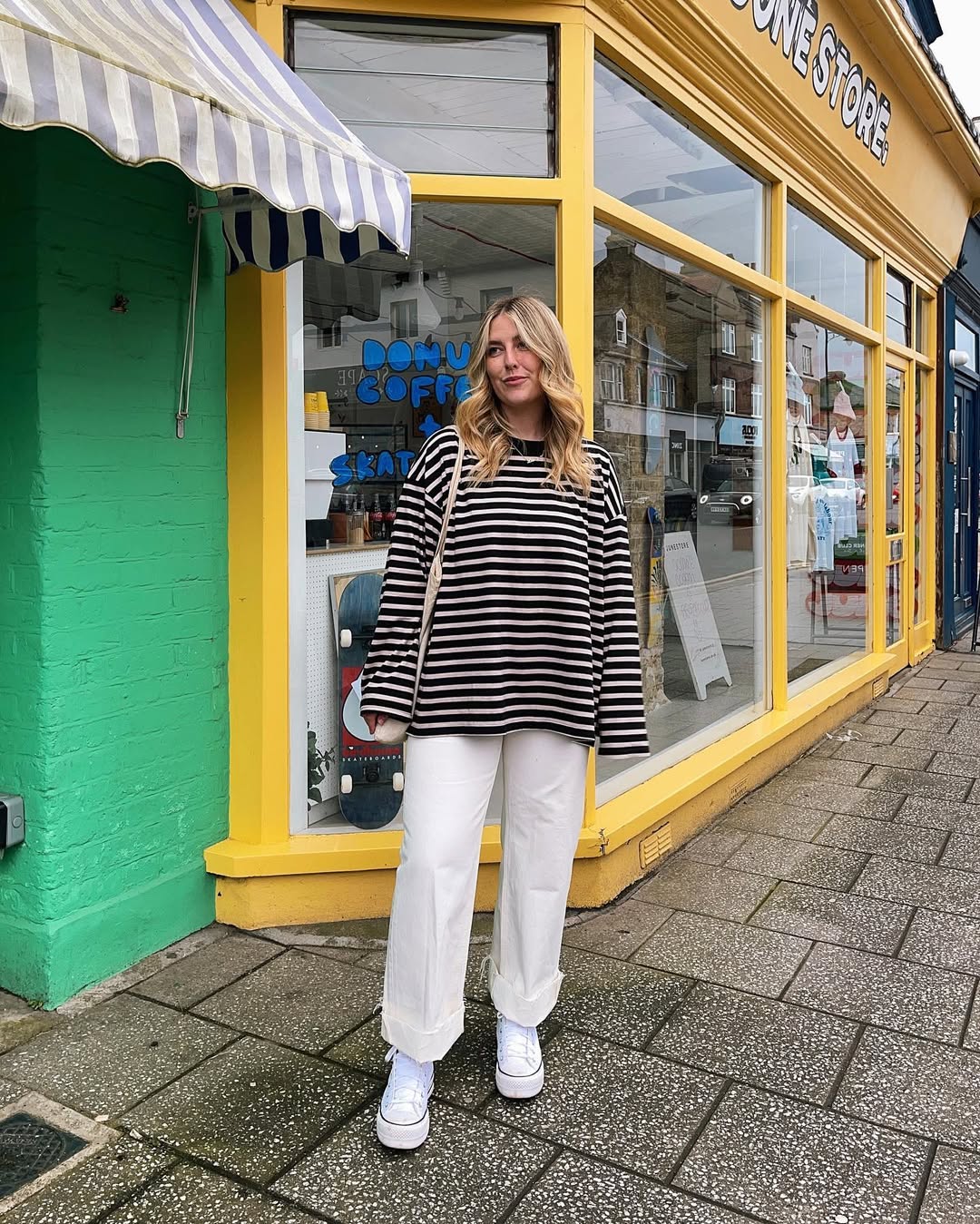 Stripes and White Trousers Casual Street Style