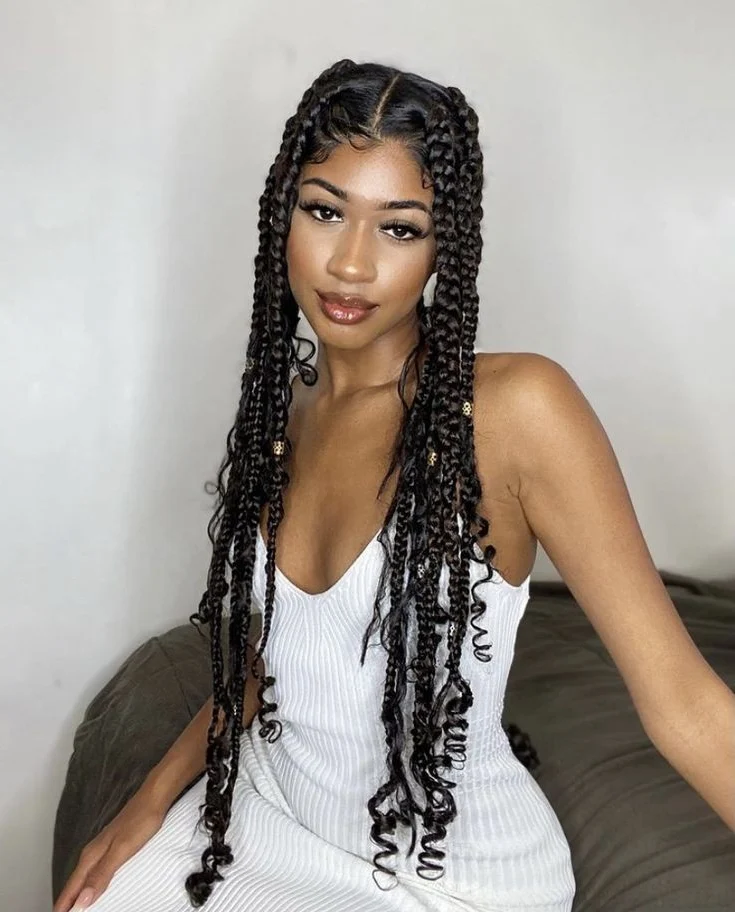 Summer Box Braids With Curly Ends And Baby Hairs
