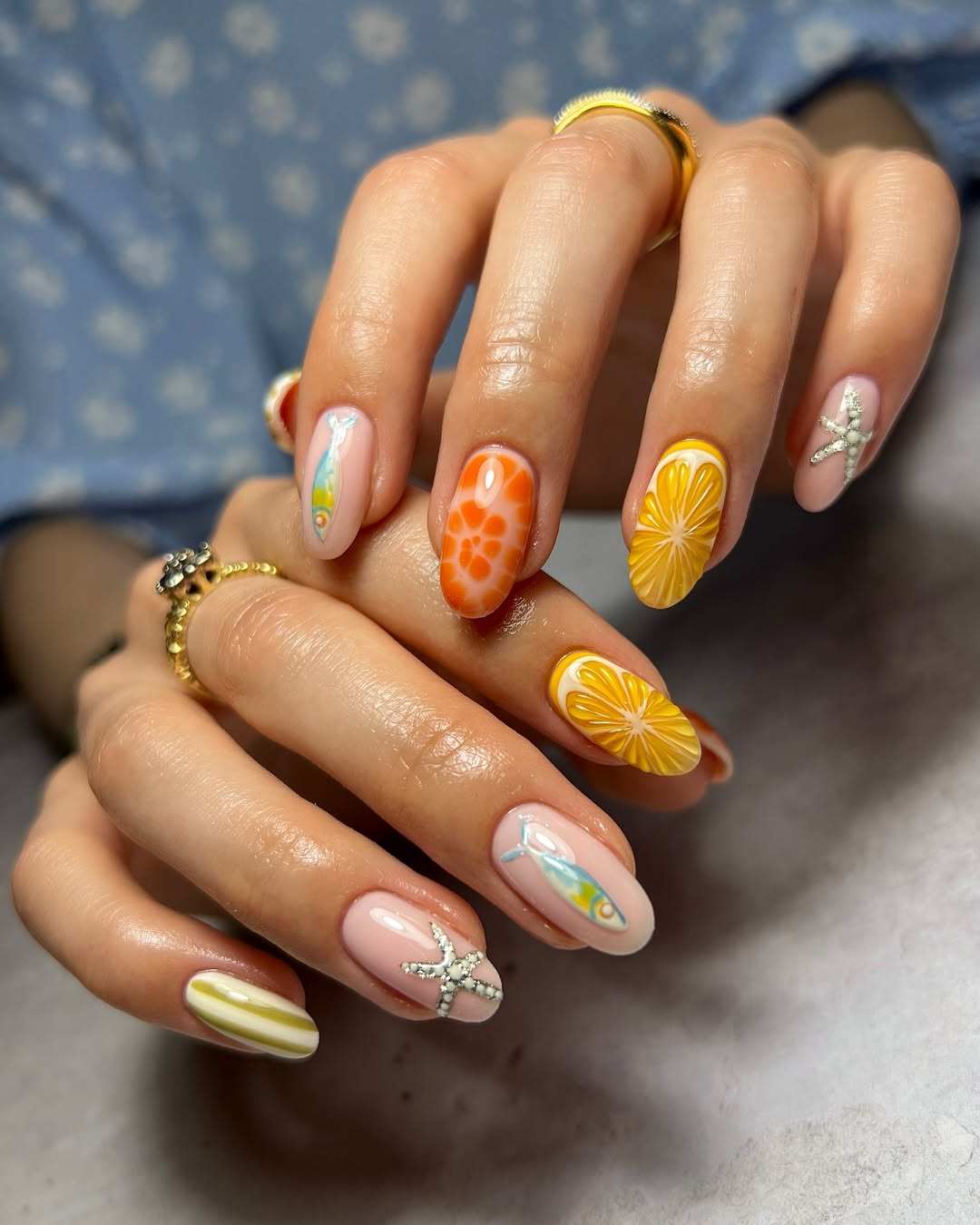 Summer Citrus and Ocean-Themed Almond Nails