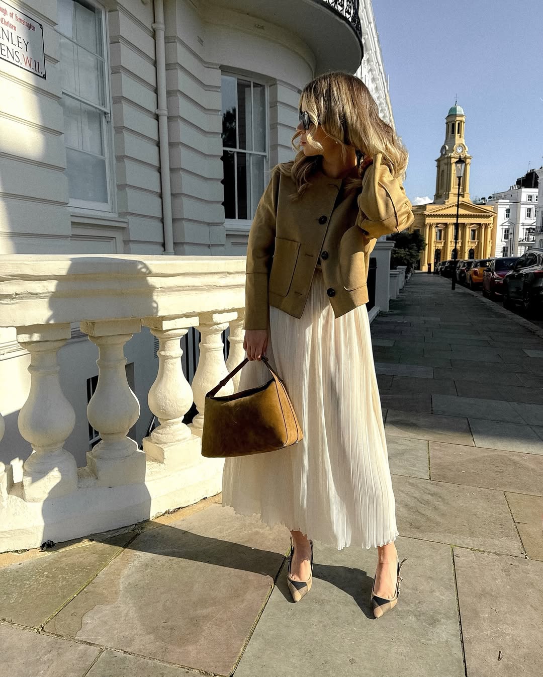 Tan Cropped Jacket With Pleated Midi Skirt
