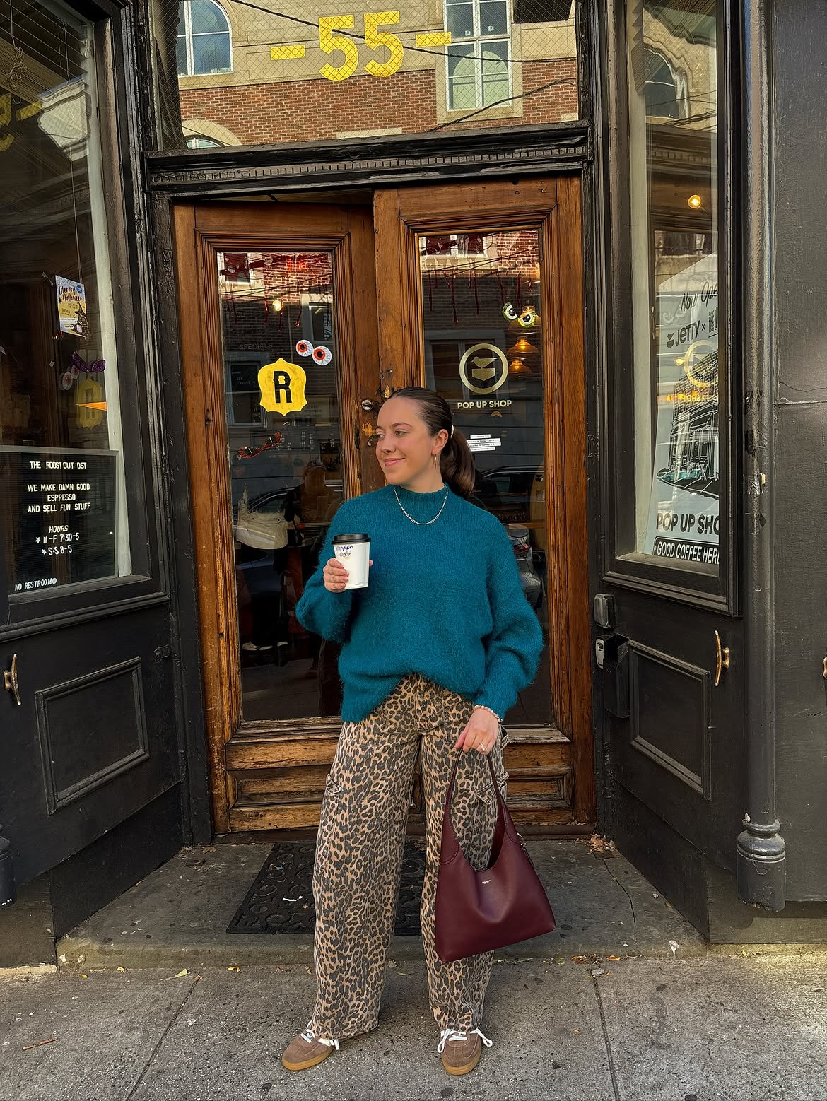 Teal Fuzzy Sweater And Leopard Print Wide Leg Jeans