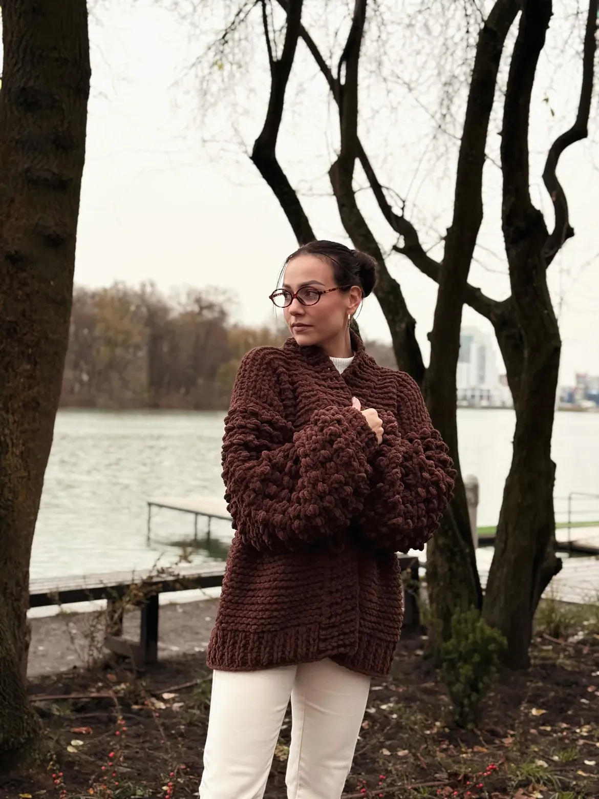 Textured Brown Cardigan With Cream Trousers