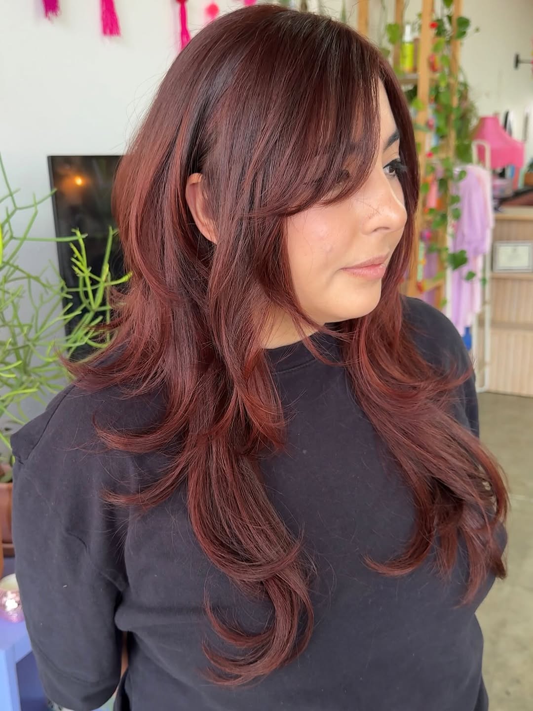 Textured Burgundy Wolf Cut With Face Framing Layers
