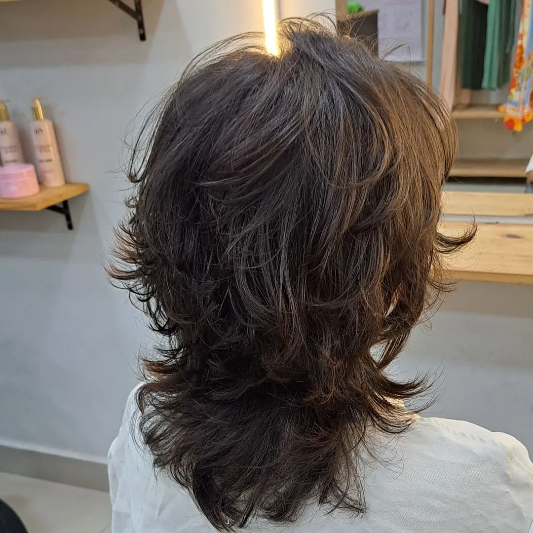 Tousled Dark Brown Layered Wolf Cut
