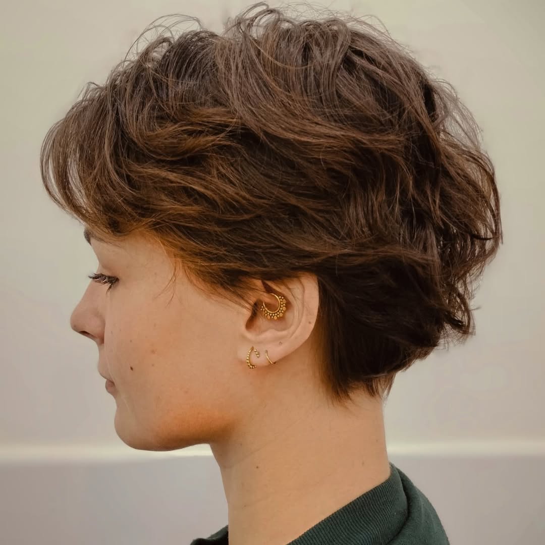 Tousled Textured Brunette Pixie With Subtle Waves
