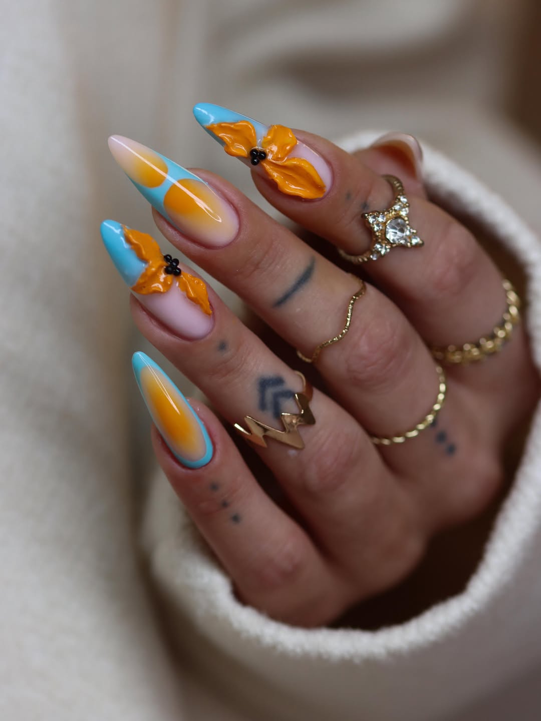 Tropical Ombré Stiletto Nails with 3D Flower Art