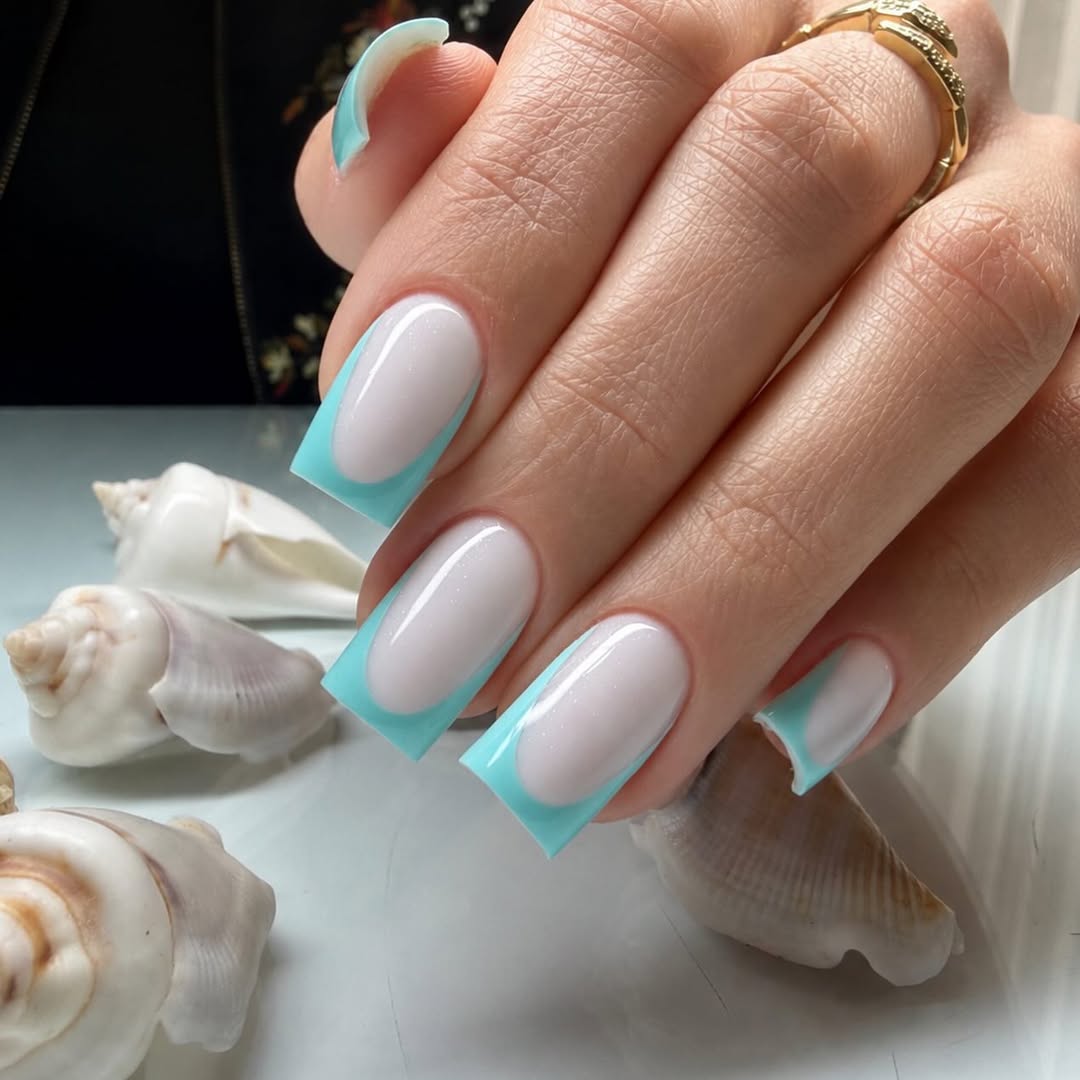 Turquoise Dream French Tip Rectangle Nails