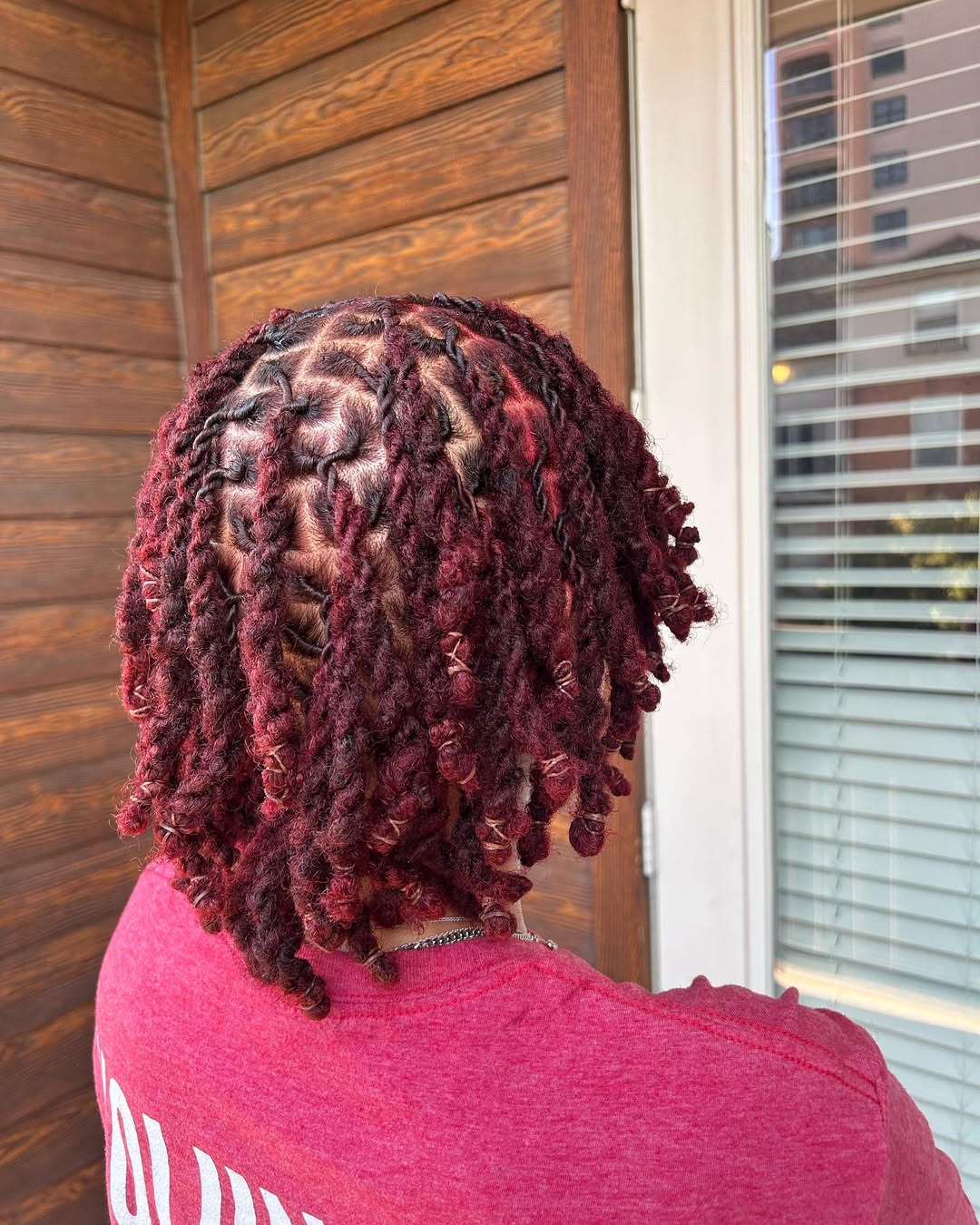 Vibrant Burgundy Locs With Intricate Parting