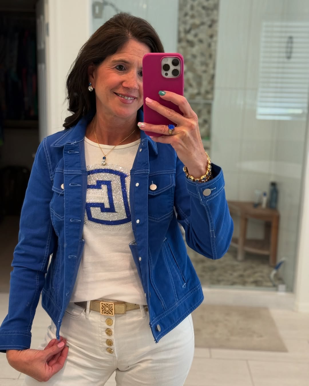 Vibrant Jean Jacket With White Denim Outfit