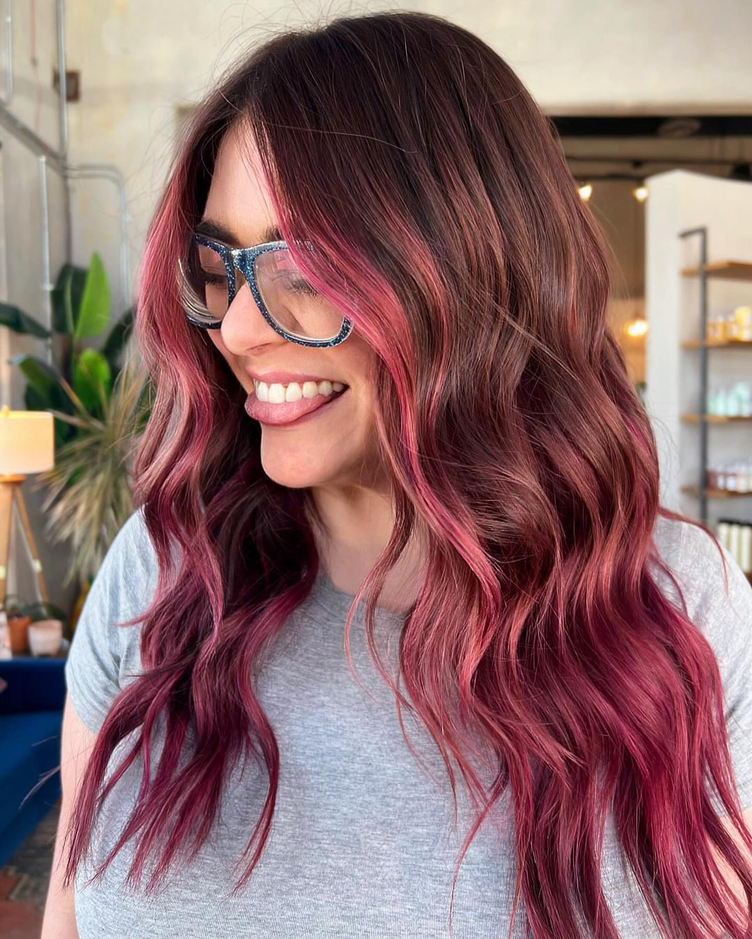 Vibrant Magenta Mid-Back Waves with Face-Framing