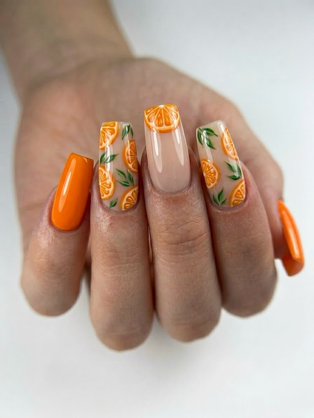 Vibrant Orange and Citrus Slice Nail Art