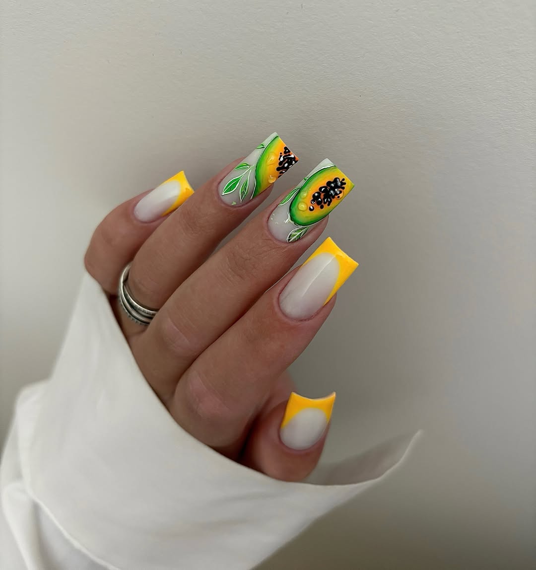 Vibrant Papaya Fruit Jelly Yellow French Tip Nails