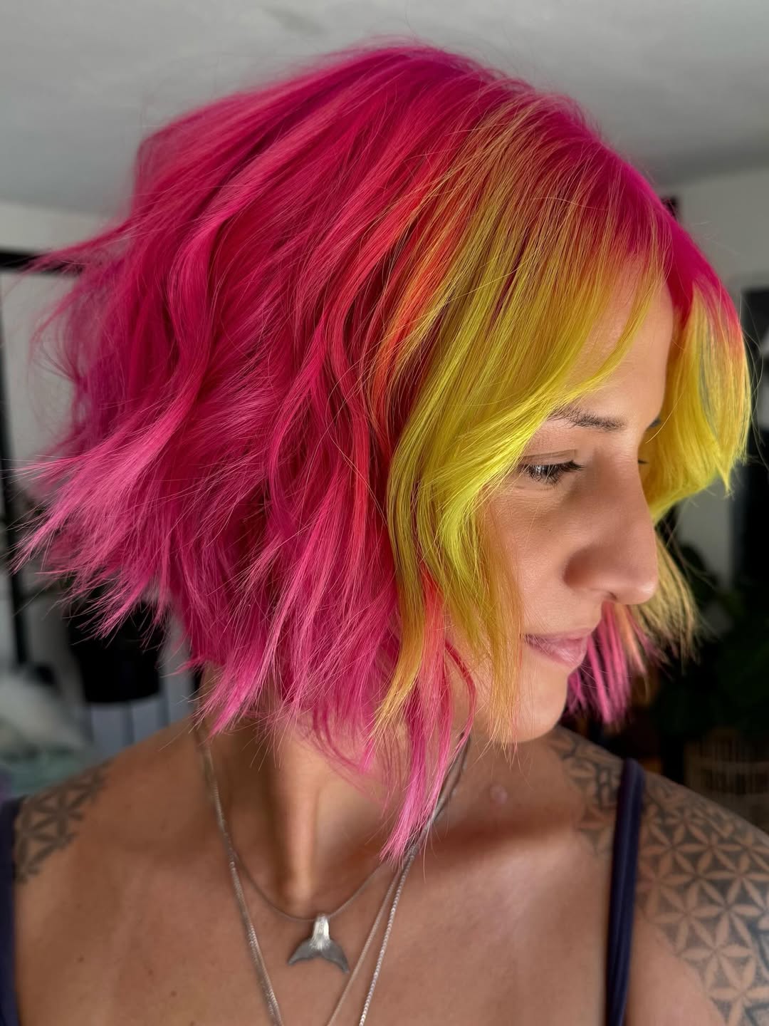 Vibrant Pink And Yellow Choppy Bob