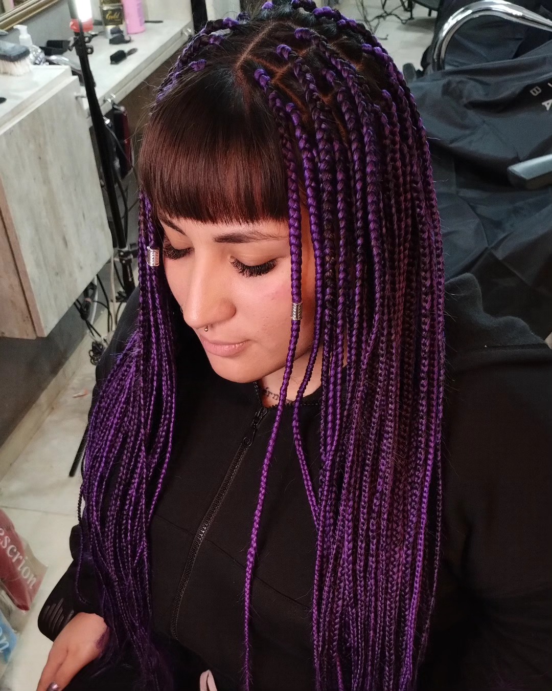 Vibrant Purple Box Braids With Blunt Bangs